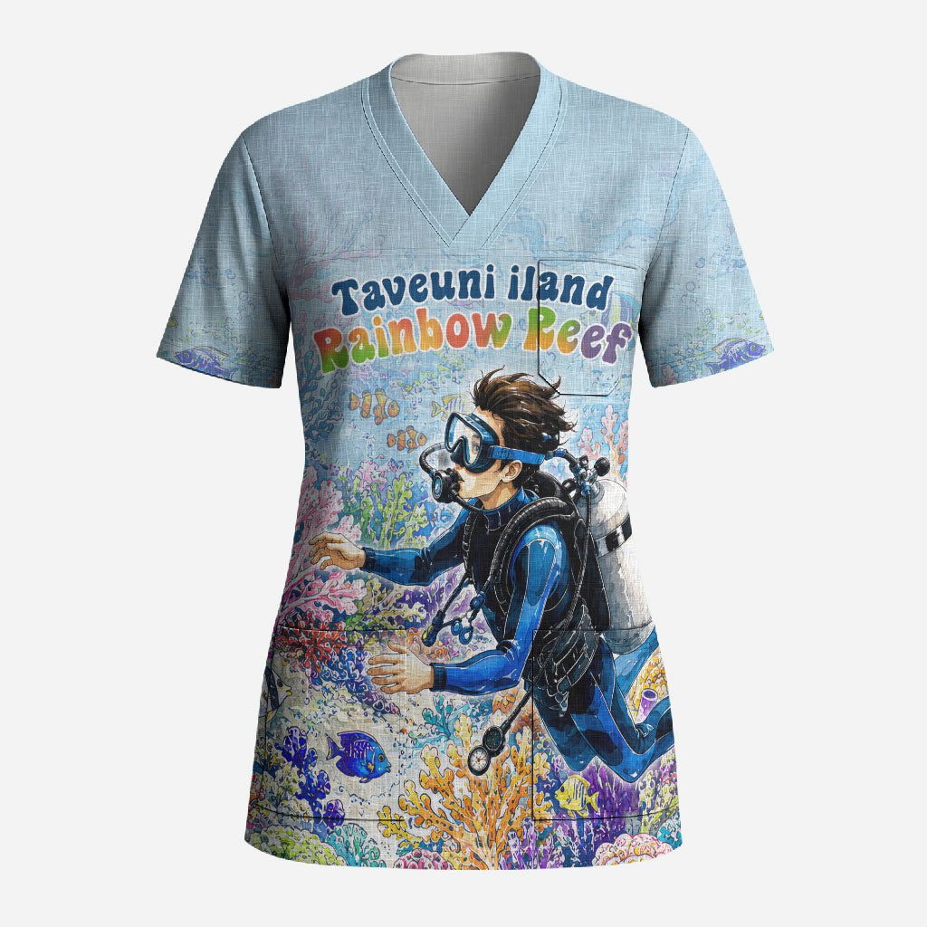 Fiji Taveuni Rainbow Reef Scrub Top Scuba Diver Vibrant Undersea Coral Garden Watercolor