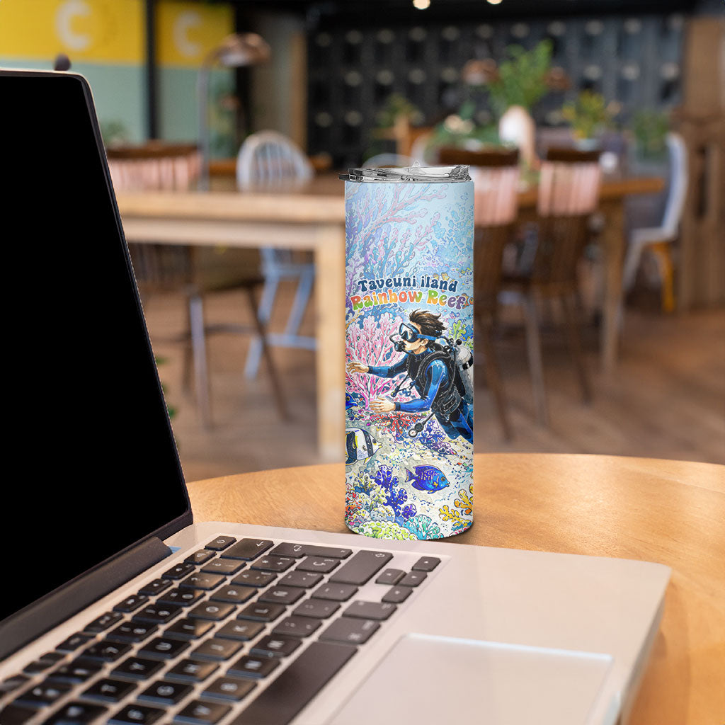 Fiji Taveuni Rainbow Reef Skinny Tumbler Scuba Diver Vibrant Undersea Coral Garden Watercolor