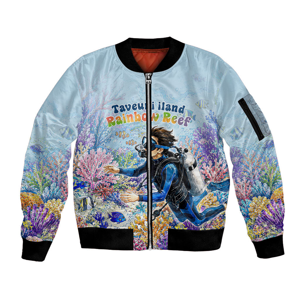Fiji Taveuni Rainbow Reef Sleeve Zip Bomber Jacket Scuba Diver Vibrant Undersea Coral Garden Watercolor