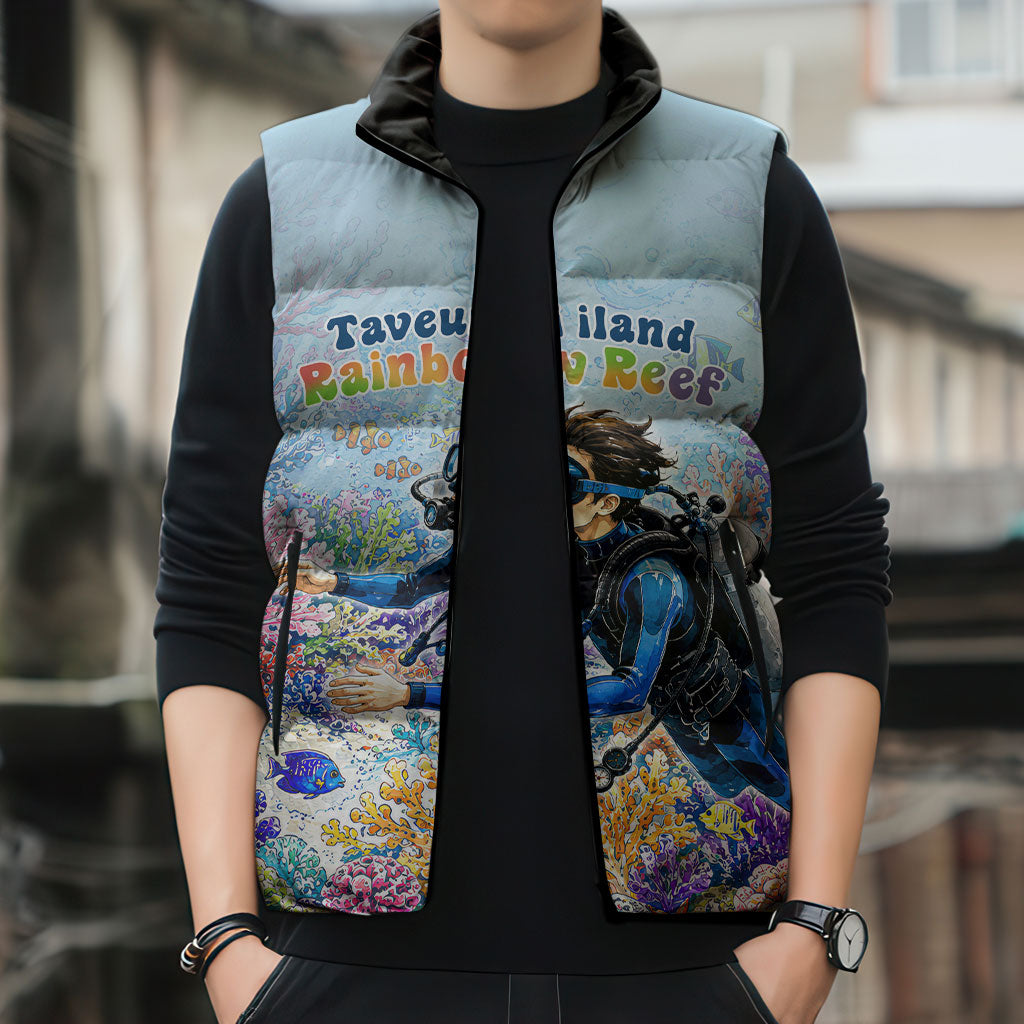 Fiji Taveuni Rainbow Reef Sleeveless Puffer Jacket Scuba Diver Vibrant Undersea Coral Garden Watercolor