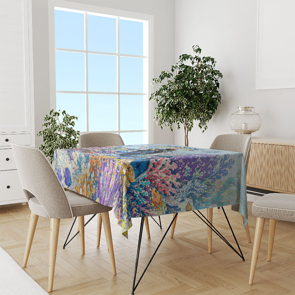 Fiji Taveuni Rainbow Reef Tablecloth Scuba Diver Vibrant Undersea Coral Garden Watercolor