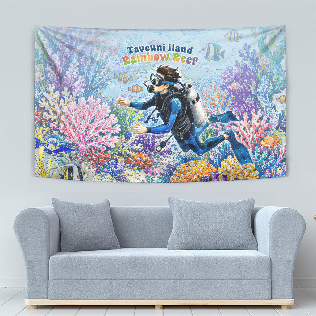 Fiji Taveuni Rainbow Reef Tapestry Scuba Diver Vibrant Undersea Coral Garden Watercolor