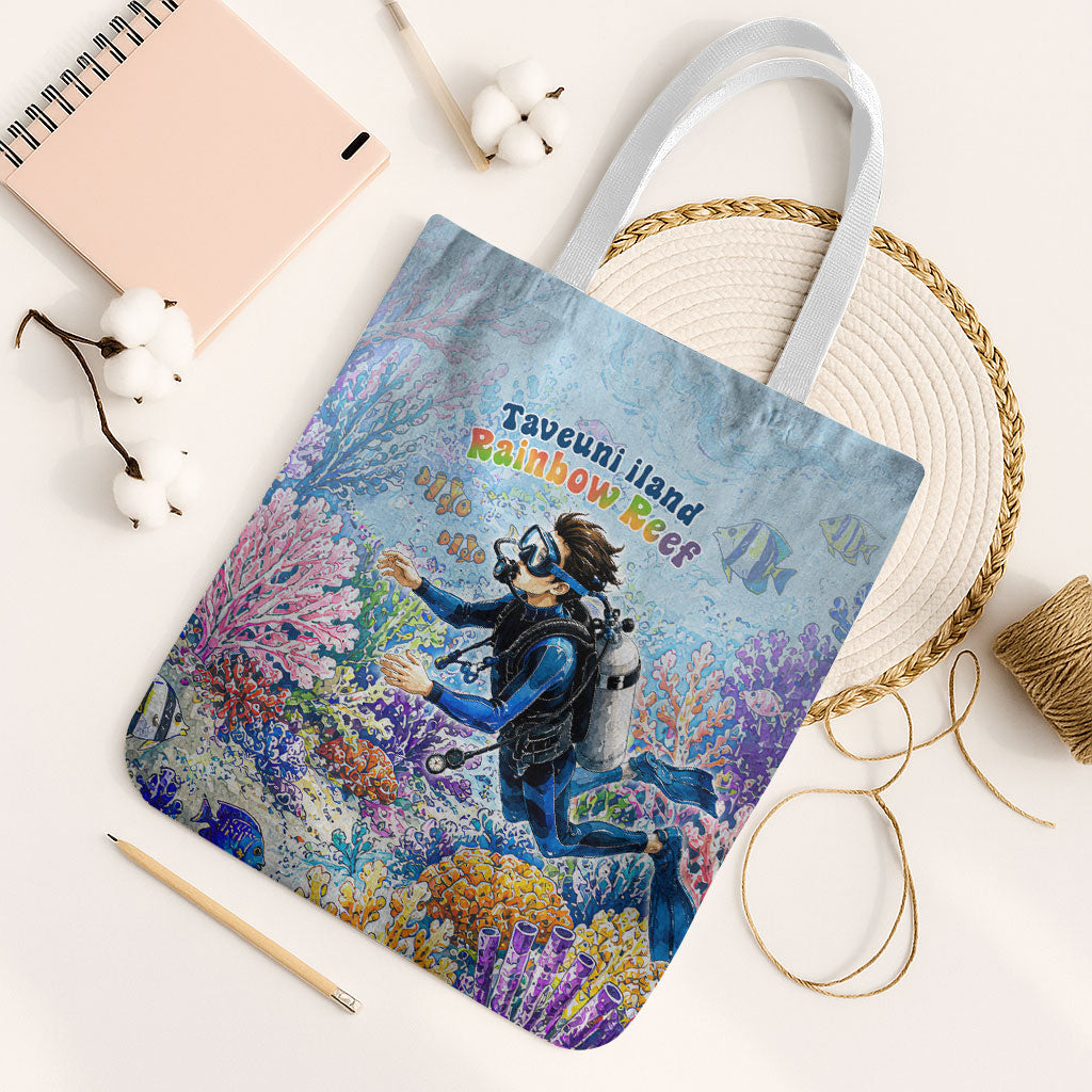 Fiji Taveuni Rainbow Reef Tote Bag Scuba Diver Vibrant Undersea Coral Garden Watercolor