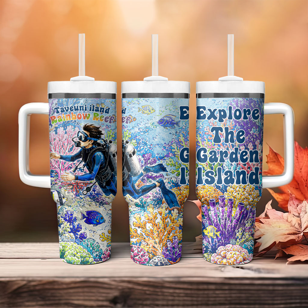 Fiji Taveuni Rainbow Reef Tumbler With Handle Scuba Diver Vibrant Undersea Coral Garden Watercolor