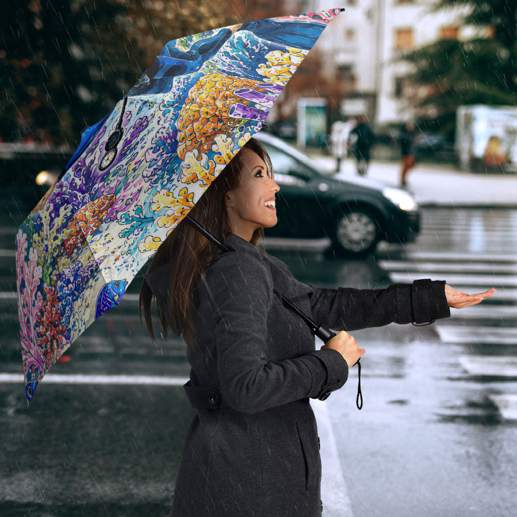 Fiji Taveuni Rainbow Reef Umbrella Scuba Diver Vibrant Undersea Coral Garden Watercolor