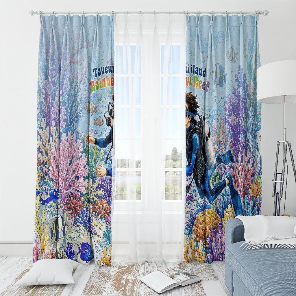 Fiji Taveuni Rainbow Reef Window Curtain Scuba Diver Vibrant Undersea Coral Garden Watercolor