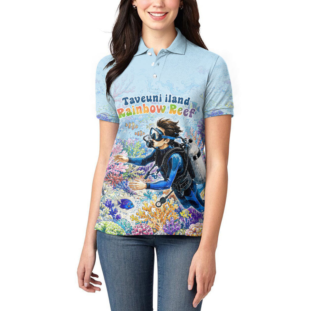 Fiji Taveuni Rainbow Reef Women Polo Shirt Scuba Diver Vibrant Undersea Coral Garden Watercolor