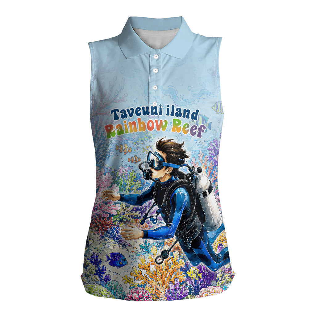 Fiji Taveuni Rainbow Reef Women Sleeveless Polo Shirt Scuba Diver Vibrant Undersea Coral Garden Watercolor TS04 Female Blue - Polynesian Pride