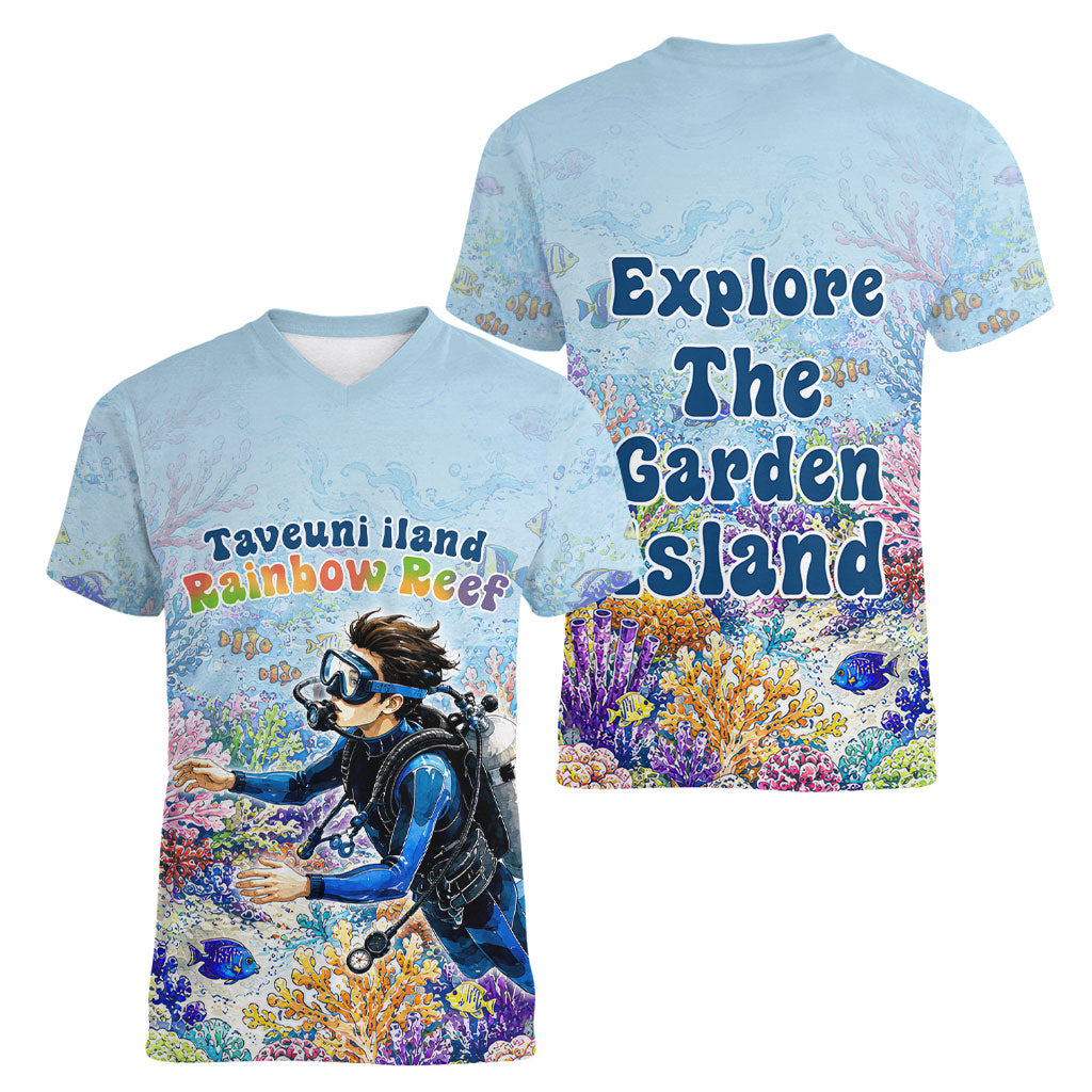 Fiji Taveuni Rainbow Reef Women V-Neck T-Shirt Scuba Diver Vibrant Undersea Coral Garden Watercolor