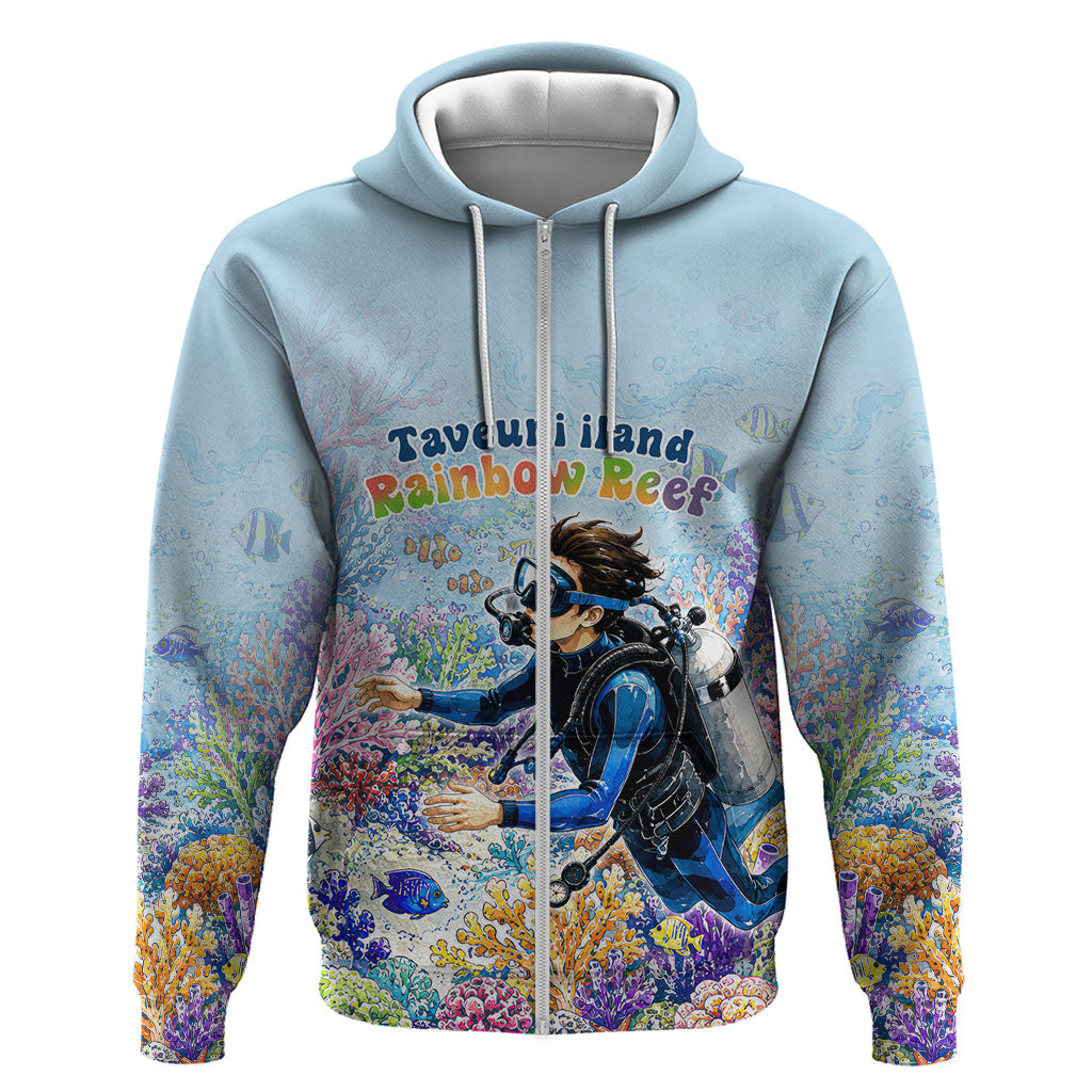 Fiji Taveuni Rainbow Reef Zip Hoodie Scuba Diver Vibrant Undersea Coral Garden Watercolor TS04 Zip Hoodie Blue - Polynesian Pride
