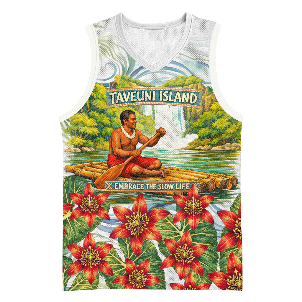 Fiji Taveuni Island Dateline Crossing Basketball Jersey Tropical Cultural Landscape With Tagimoucia Floral Pattern TS04 Unisex White Green - Polynesian Pride