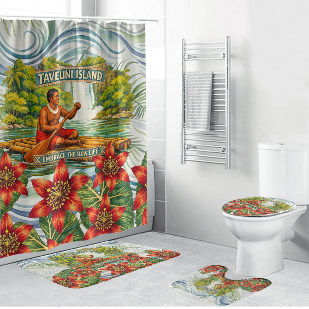 Fiji Taveuni Island Dateline Crossing Bathroom Set Tropical Cultural Landscape With Tagimoucia Floral Pattern TS04 Bathroom Set (4 pcs) White Green - Polynesian Pride