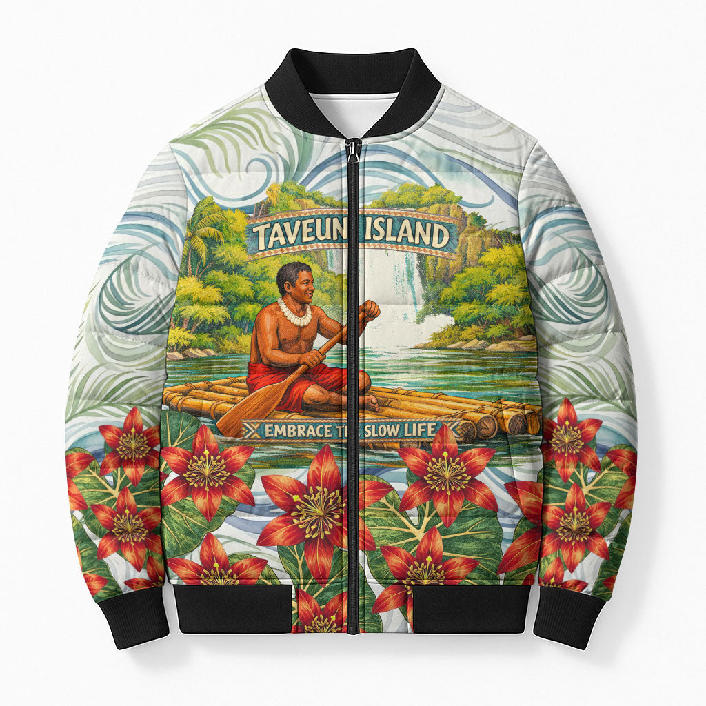 Fiji Taveuni Island Dateline Crossing Bomber Puffer Jacket Tropical Cultural Landscape With Tagimoucia Floral Pattern TS04 Unisex White Green - Polynesian Pride