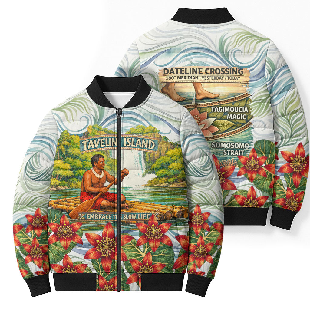 Fiji Taveuni Island Dateline Crossing Bomber Puffer Jacket Tropical Cultural Landscape With Tagimoucia Floral Pattern