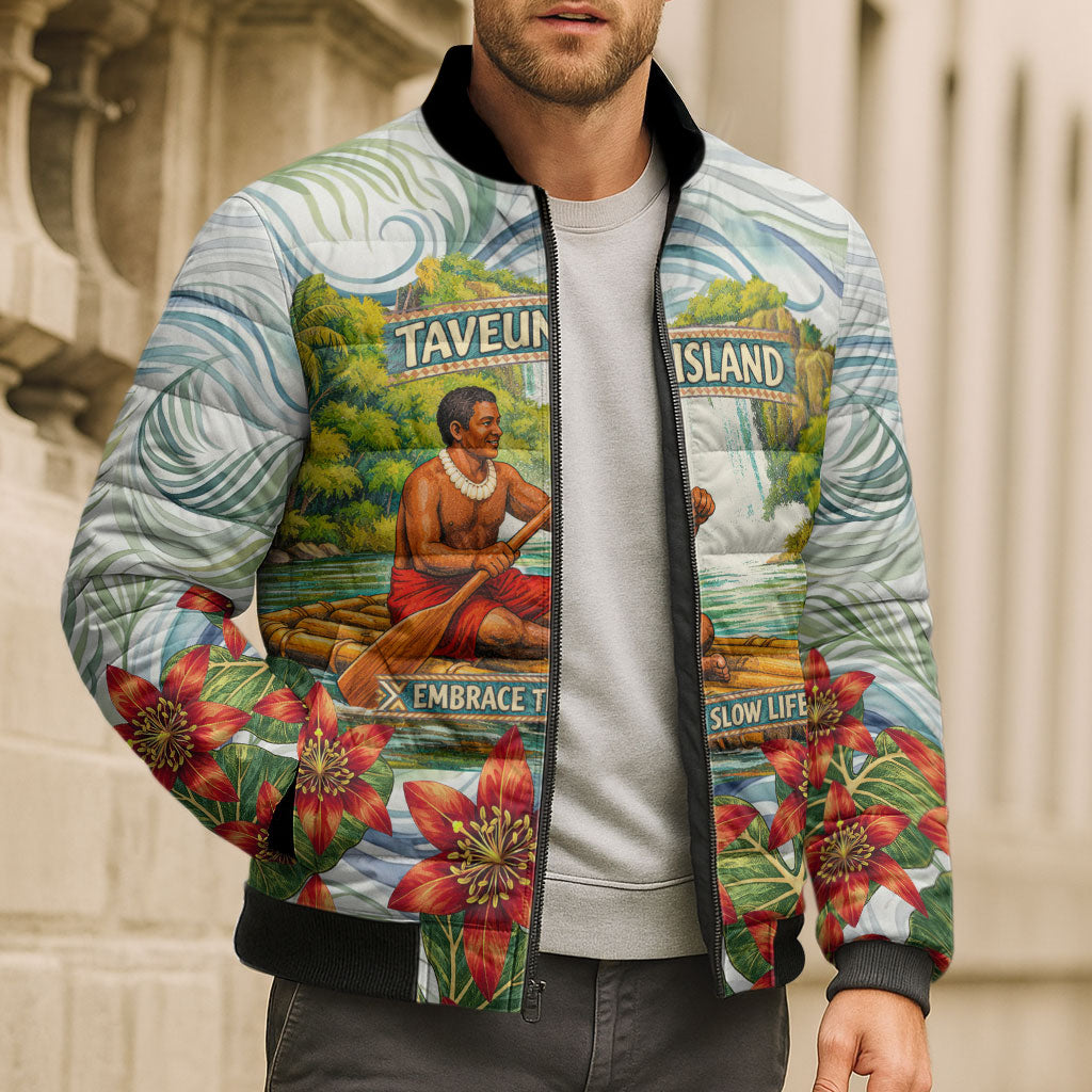 Fiji Taveuni Island Dateline Crossing Bomber Puffer Jacket Tropical Cultural Landscape With Tagimoucia Floral Pattern