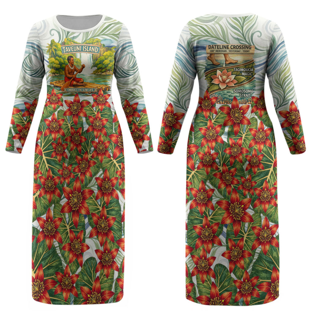Fiji Taveuni Island Dateline Crossing Couples Matching Long Sleeve Bodycon Dress and Hawaiian Shirt Tropical Cultural Landscape With Tagimoucia Floral Pattern