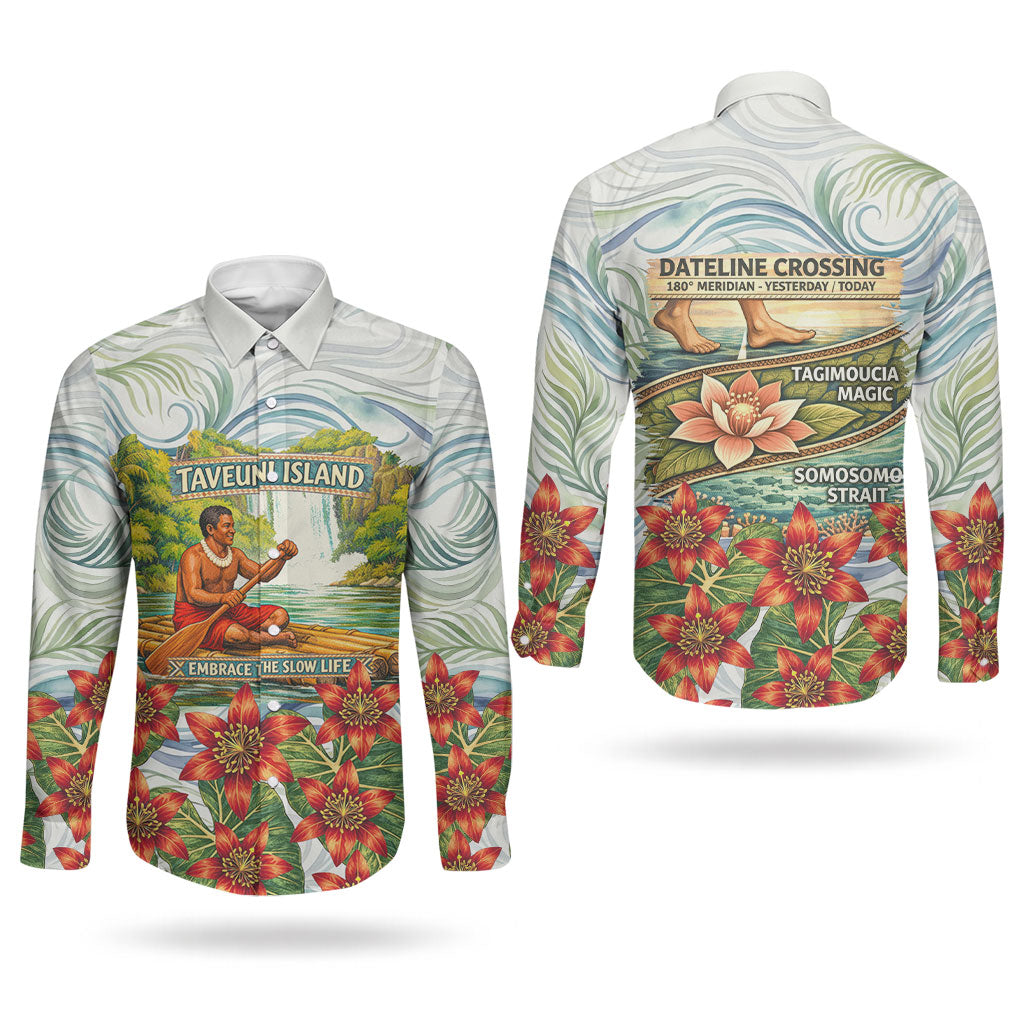 Fiji Taveuni Island Dateline Crossing Couples Matching Long Sleeve Bodycon Dress and Long Sleeve Button Shirt Tropical Cultural Landscape With Tagimoucia Floral Pattern