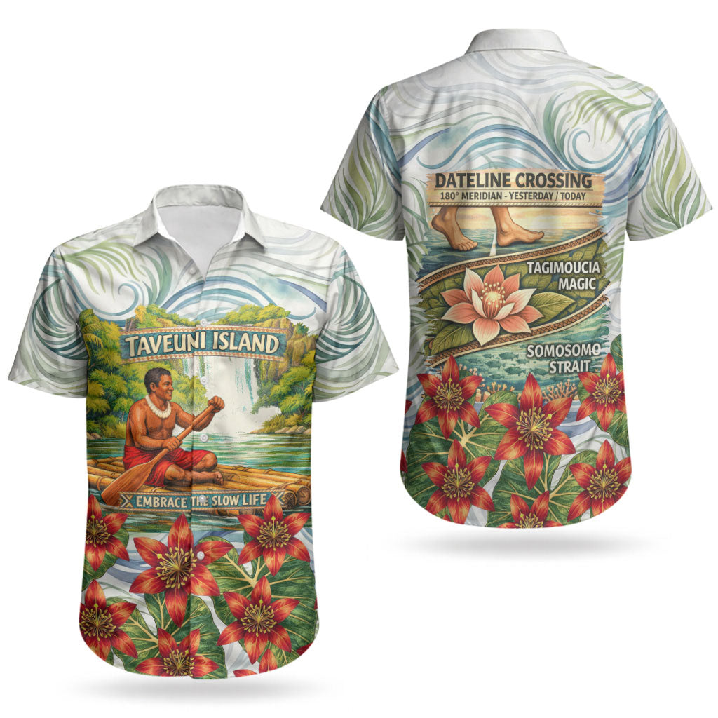 Fiji Taveuni Island Dateline Crossing Couples Matching Off Shoulder Maxi Dress and Hawaiian Shirt Tropical Cultural Landscape With Tagimoucia Floral Pattern