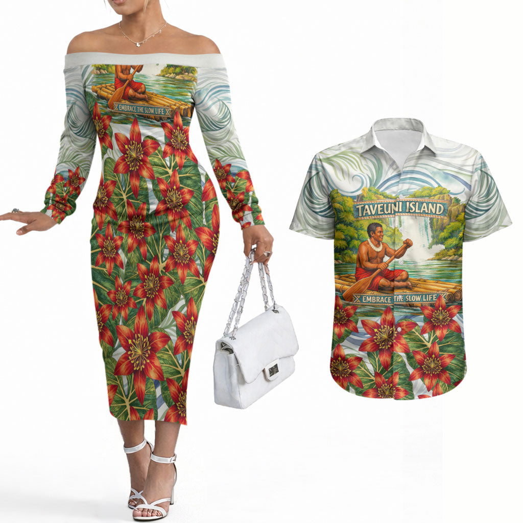 Fiji Taveuni Island Dateline Crossing Couples Matching Off The Shoulder Long Sleeve Dress and Hawaiian Shirt Tropical Cultural Landscape With Tagimoucia Floral Pattern