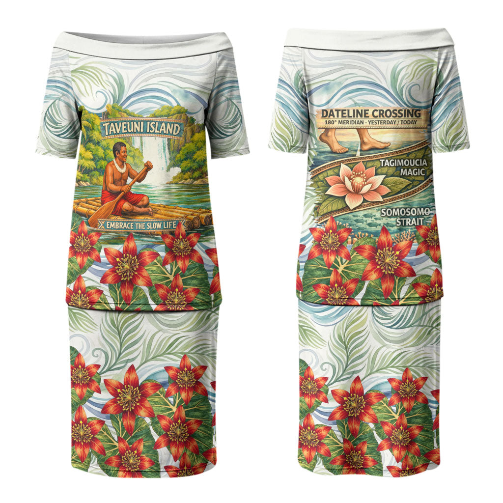 Fiji Taveuni Island Dateline Crossing Couples Matching Puletasi and Hawaiian Shirt Tropical Cultural Landscape With Tagimoucia Floral Pattern