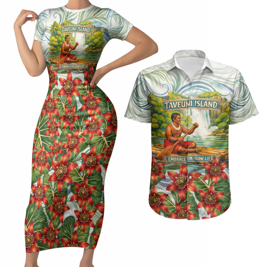 Fiji Taveuni Island Dateline Crossing Couples Matching Short Sleeve Bodycon Dress and Hawaiian Shirt Tropical Cultural Landscape With Tagimoucia Floral Pattern TS04 White Green - Polynesian Pride