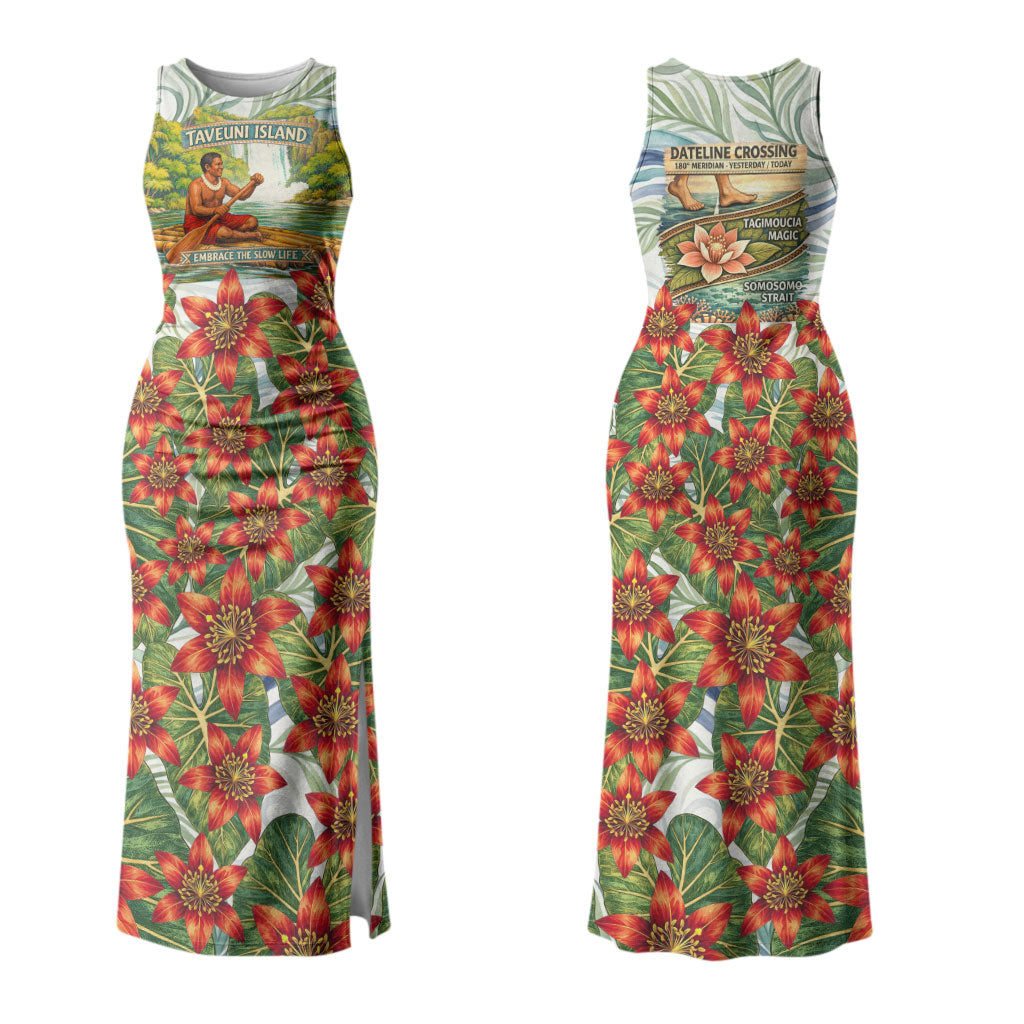 Fiji Taveuni Island Dateline Crossing Couples Matching Tank Maxi Dress and Long Sleeve Button Shirt Tropical Cultural Landscape With Tagimoucia Floral Pattern
