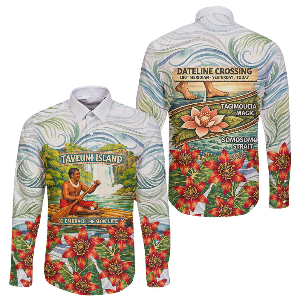 Fiji Taveuni Island Dateline Crossing Family Matching Long Sleeve Bodycon Dress and Hawaiian Shirt Tropical Cultural Landscape With Tagimoucia Floral Pattern