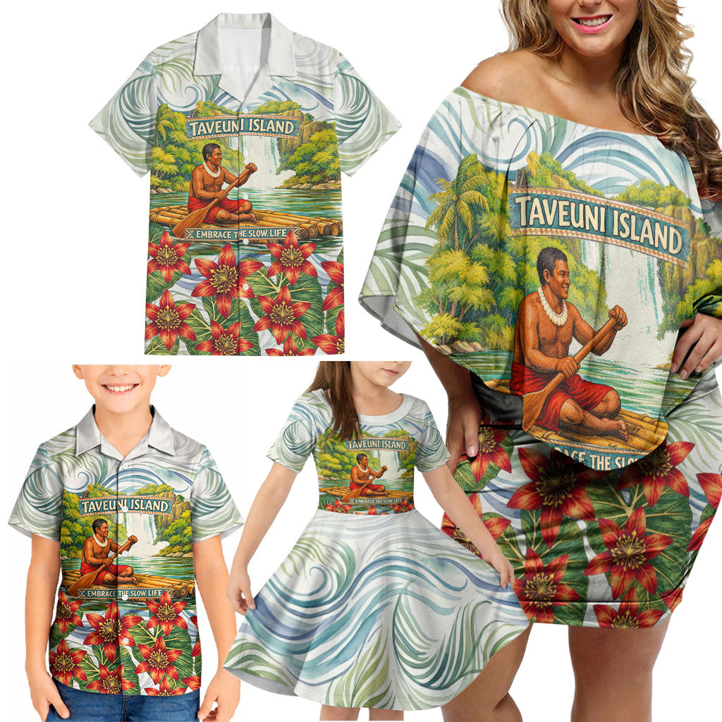 Fiji Taveuni Island Dateline Crossing Family Matching Off Shoulder Short Dress and Hawaiian Shirt Tropical Cultural Landscape With Tagimoucia Floral Pattern TS04 - Polynesian Pride