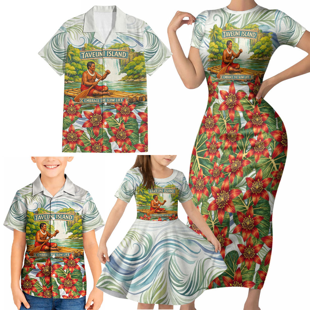 Fiji Taveuni Island Dateline Crossing Family Matching Short Sleeve Bodycon Dress and Hawaiian Shirt Tropical Cultural Landscape With Tagimoucia Floral Pattern TS04 - Polynesian Pride