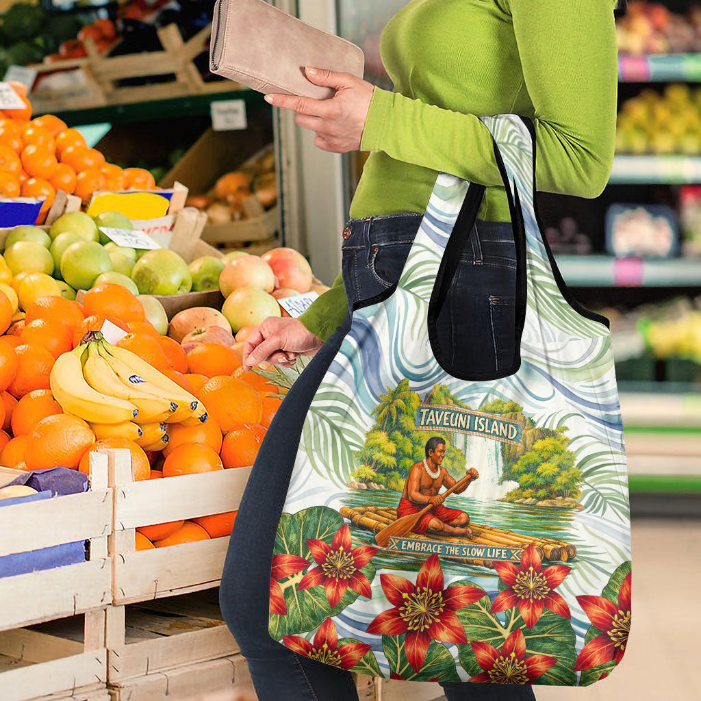 Fiji Taveuni Island Dateline Crossing Grocery Bag Tropical Cultural Landscape With Tagimoucia Floral Pattern