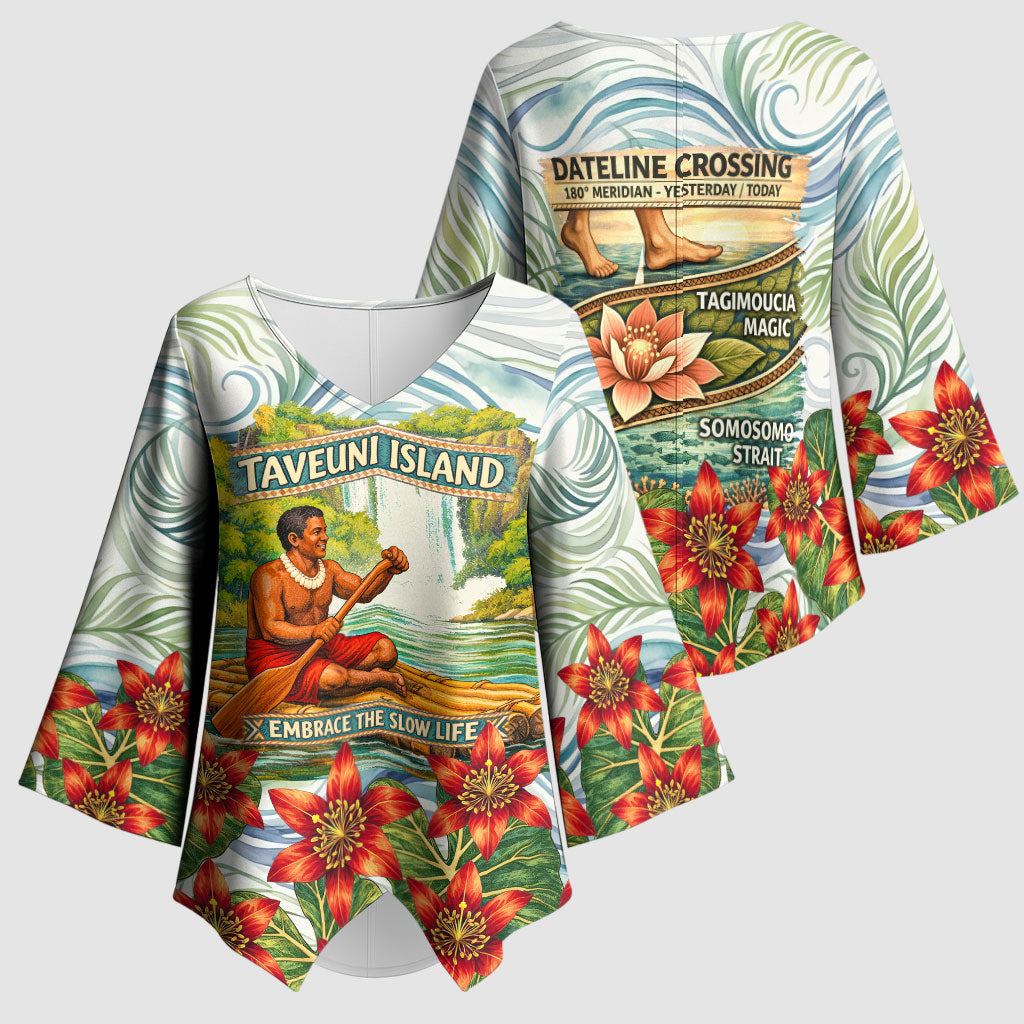 Fiji Taveuni Island Dateline Crossing Kimono Sleeve Blouse Tropical Cultural Landscape With Tagimoucia Floral Pattern