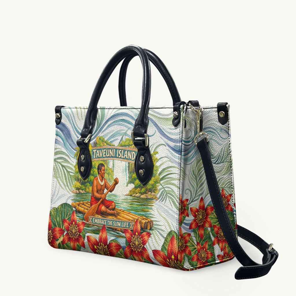 Fiji Taveuni Island Dateline Crossing Leather Bag Tropical Cultural Landscape With Tagimoucia Floral Pattern TS04 White Green - Polynesian Pride
