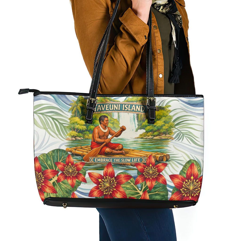 Fiji Taveuni Island Dateline Crossing Leather Tote Bag Tropical Cultural Landscape With Tagimoucia Floral Pattern