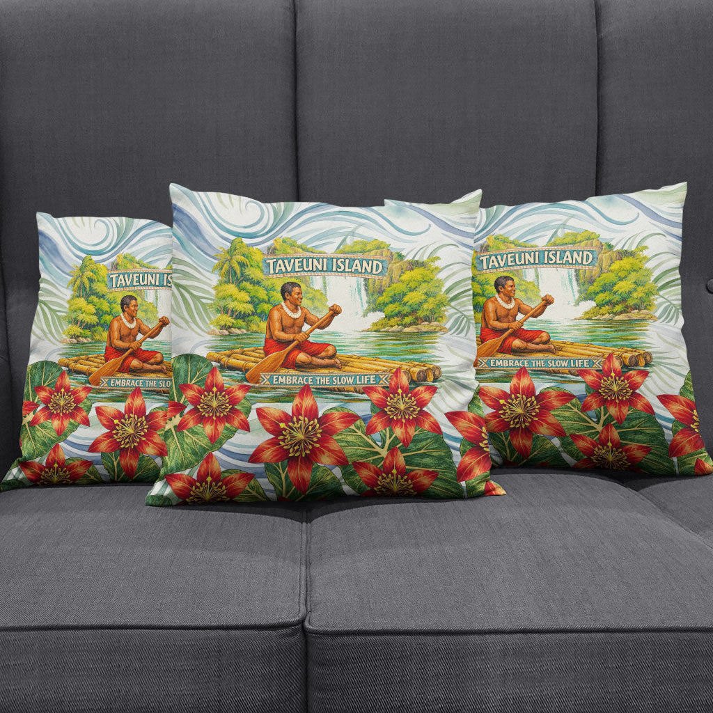 Fiji Taveuni Island Dateline Crossing Pillow Cover Tropical Cultural Landscape With Tagimoucia Floral Pattern