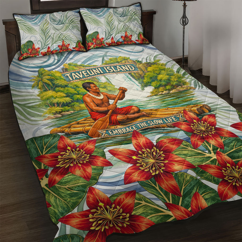 Fiji Taveuni Island Dateline Crossing Quilt Bed Set Tropical Cultural Landscape With Tagimoucia Floral Pattern