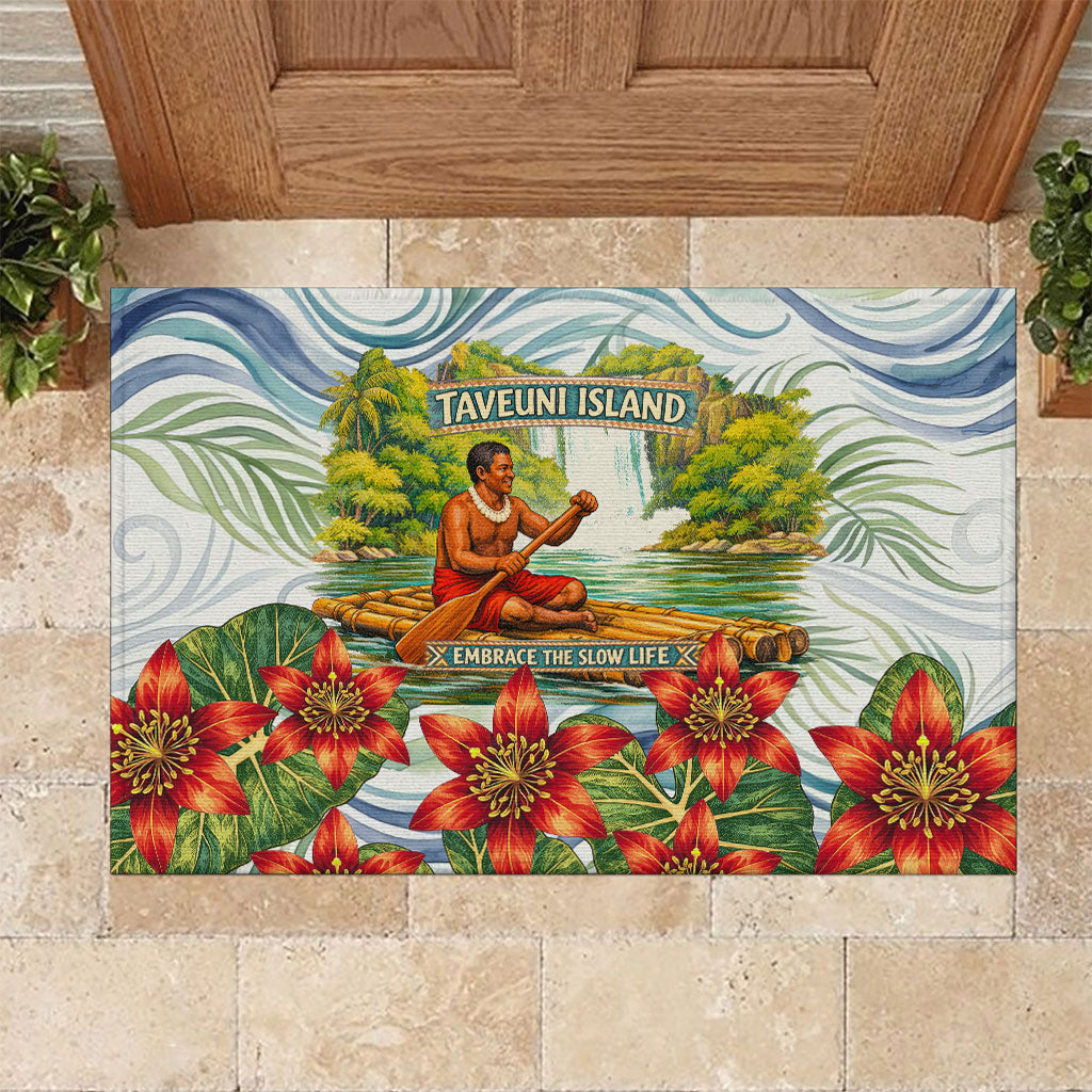 Fiji Taveuni Island Dateline Crossing Rubber Doormat Tropical Cultural Landscape With Tagimoucia Floral Pattern