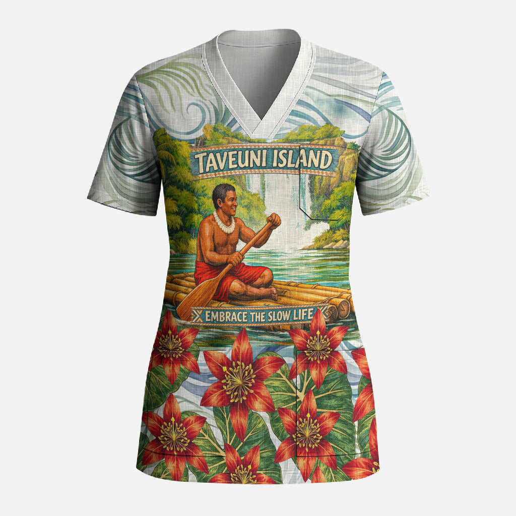 Fiji Taveuni Island Dateline Crossing Scrub Top Tropical Cultural Landscape With Tagimoucia Floral Pattern TS04 Adult White Green - Polynesian Pride