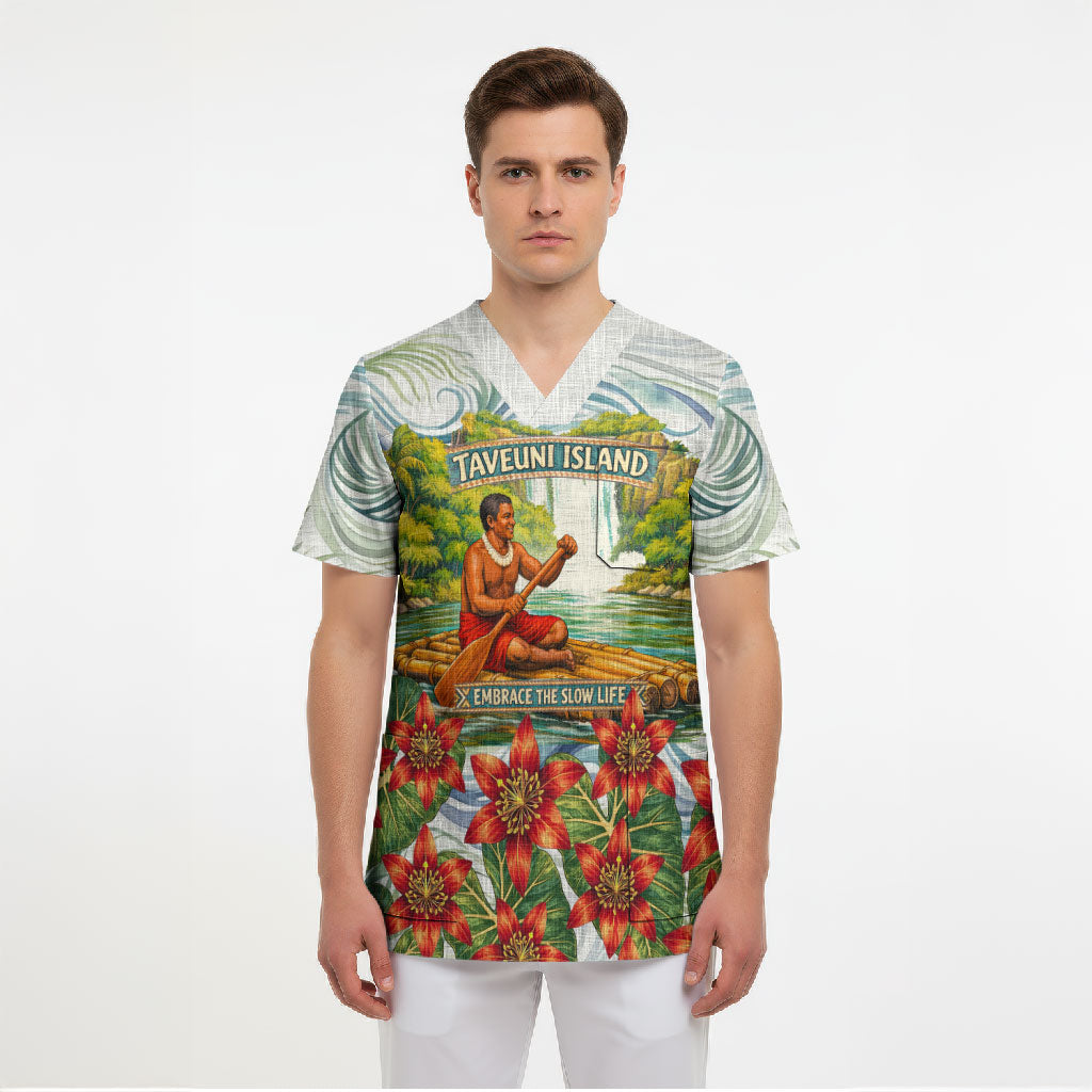 Fiji Taveuni Island Dateline Crossing Scrub Top Tropical Cultural Landscape With Tagimoucia Floral Pattern
