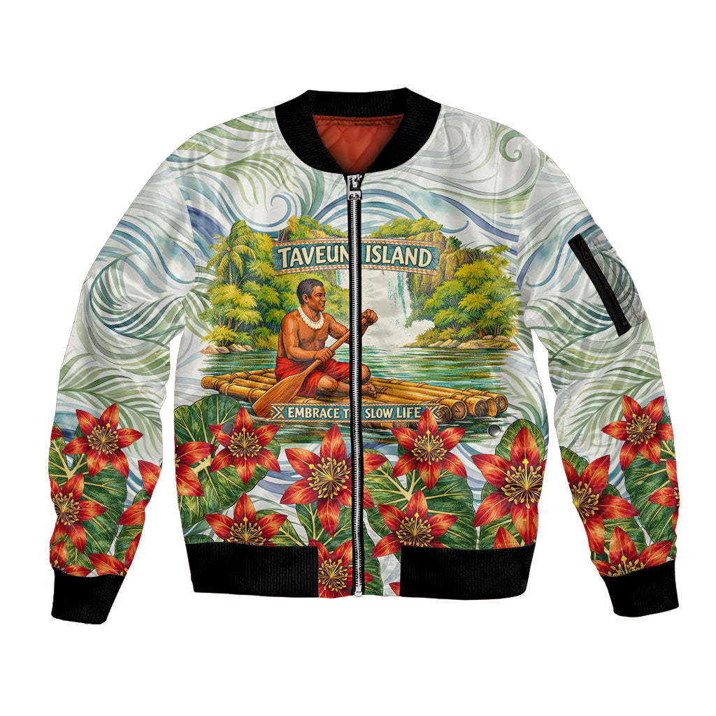 Fiji Taveuni Island Dateline Crossing Sleeve Zip Bomber Jacket Tropical Cultural Landscape With Tagimoucia Floral Pattern TS04 Unisex White Green - Polynesian Pride