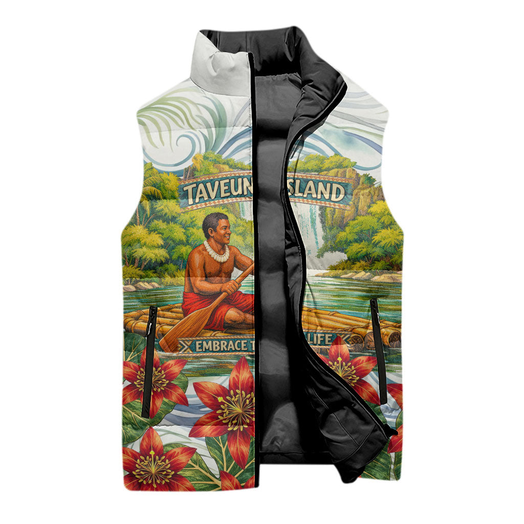 Fiji Taveuni Island Dateline Crossing Sleeveless Puffer Jacket Tropical Cultural Landscape With Tagimoucia Floral Pattern