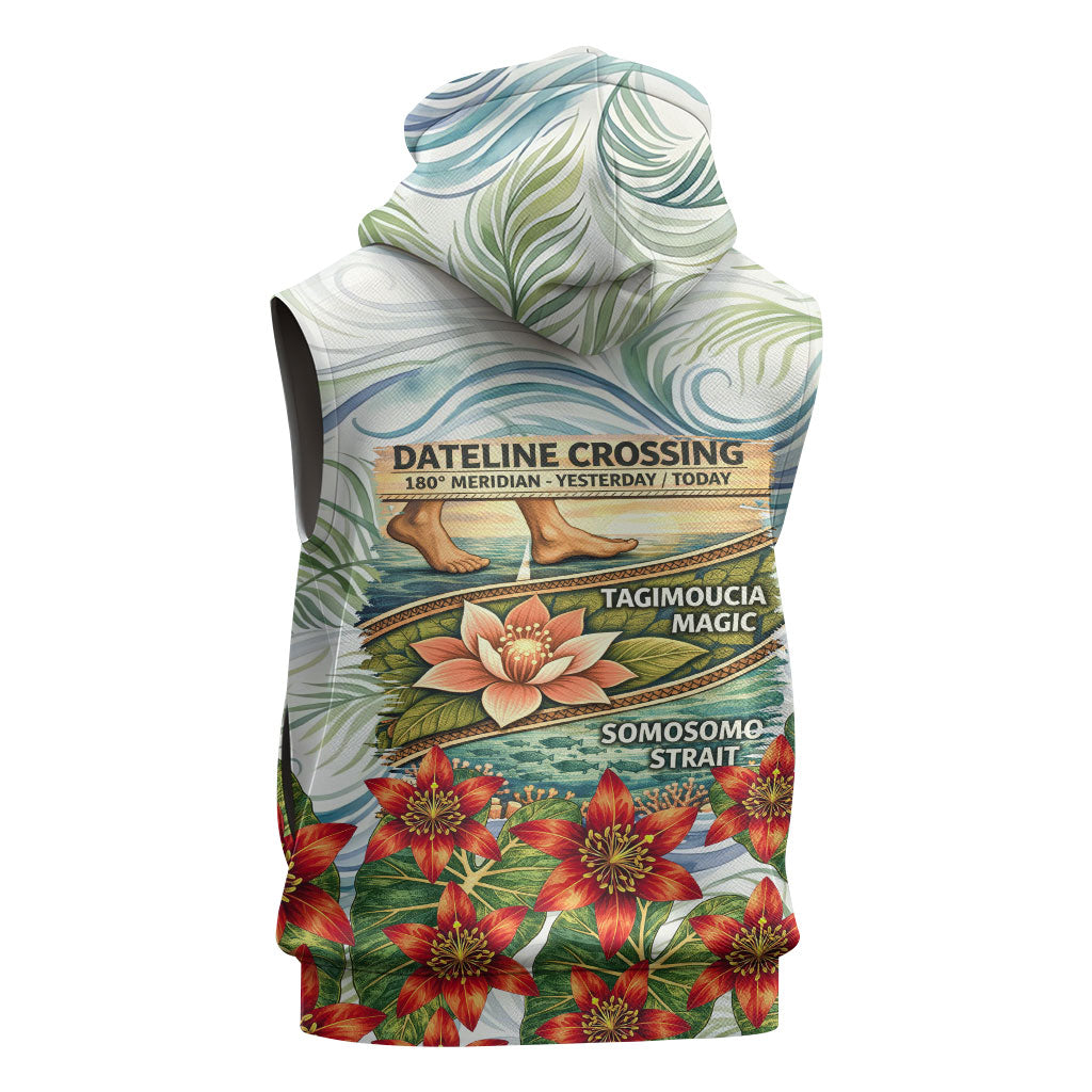 Fiji Taveuni Island Dateline Crossing Sleeveless Zip Hoodie Tropical Cultural Landscape With Tagimoucia Floral Pattern