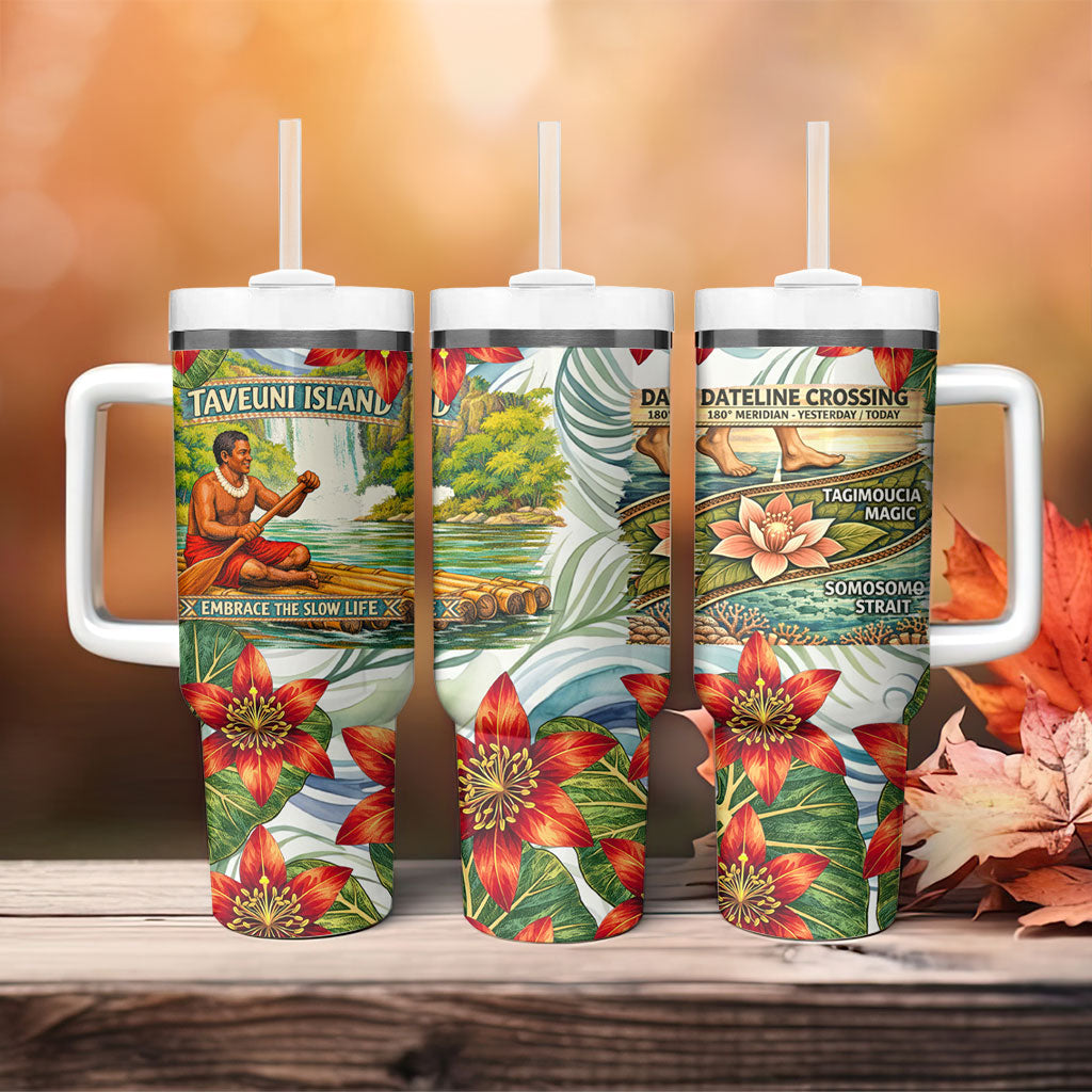 Fiji Taveuni Island Dateline Crossing Tumbler With Handle Tropical Cultural Landscape With Tagimoucia Floral Pattern