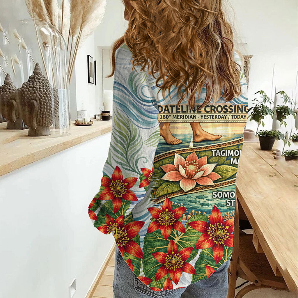 Fiji Taveuni Island Dateline Crossing Women Casual Shirt Tropical Cultural Landscape With Tagimoucia Floral Pattern