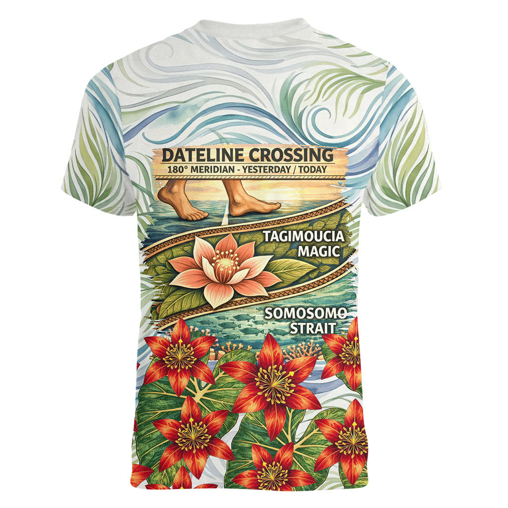 Fiji Taveuni Island Dateline Crossing Women V-Neck T-Shirt Tropical Cultural Landscape With Tagimoucia Floral Pattern