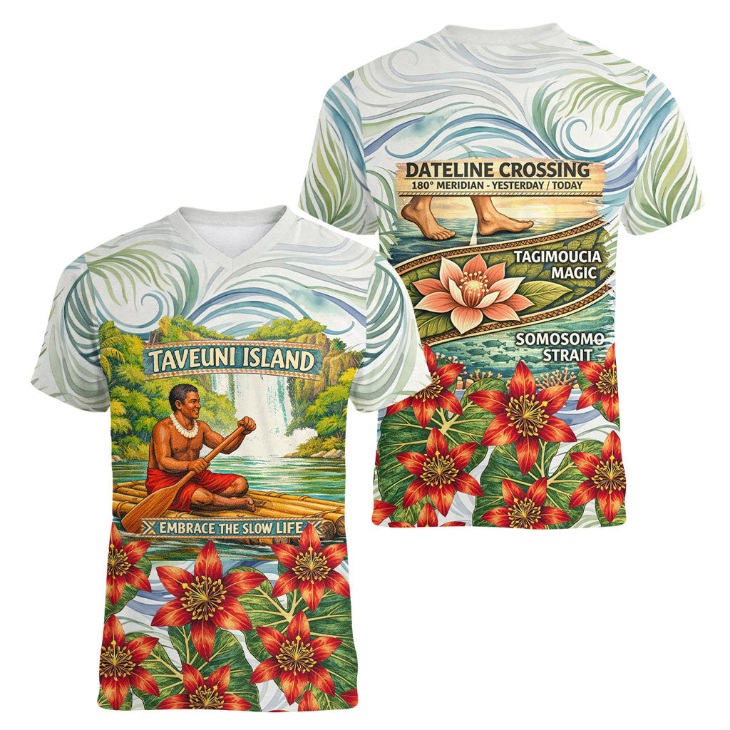 Fiji Taveuni Island Dateline Crossing Women V-Neck T-Shirt Tropical Cultural Landscape With Tagimoucia Floral Pattern