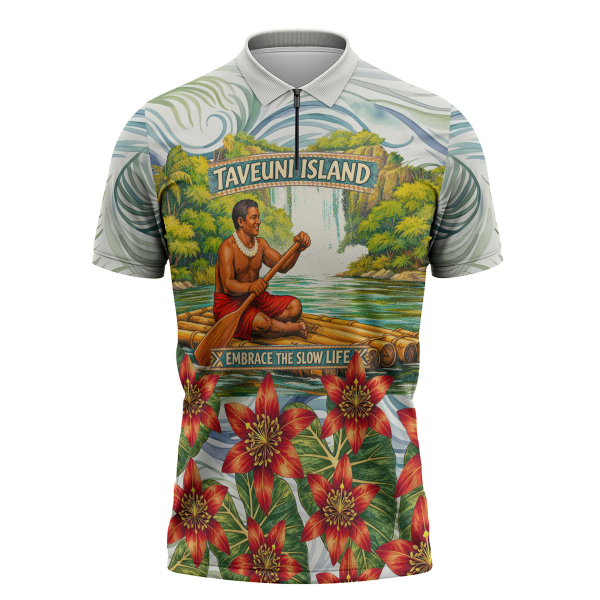 Fiji Taveuni Island Dateline Crossing Zipper Polo Shirt Tropical Cultural Landscape With Tagimoucia Floral Pattern