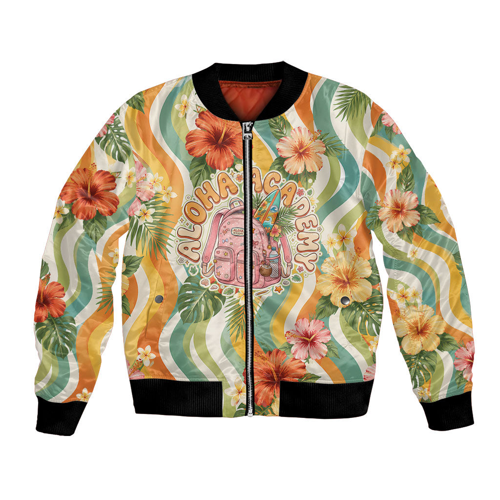 Hawaii Aloha Academy Back To School Bomber Jacket Sea Turtle Tropical Hibiscus Flowers Retro Psychedelic