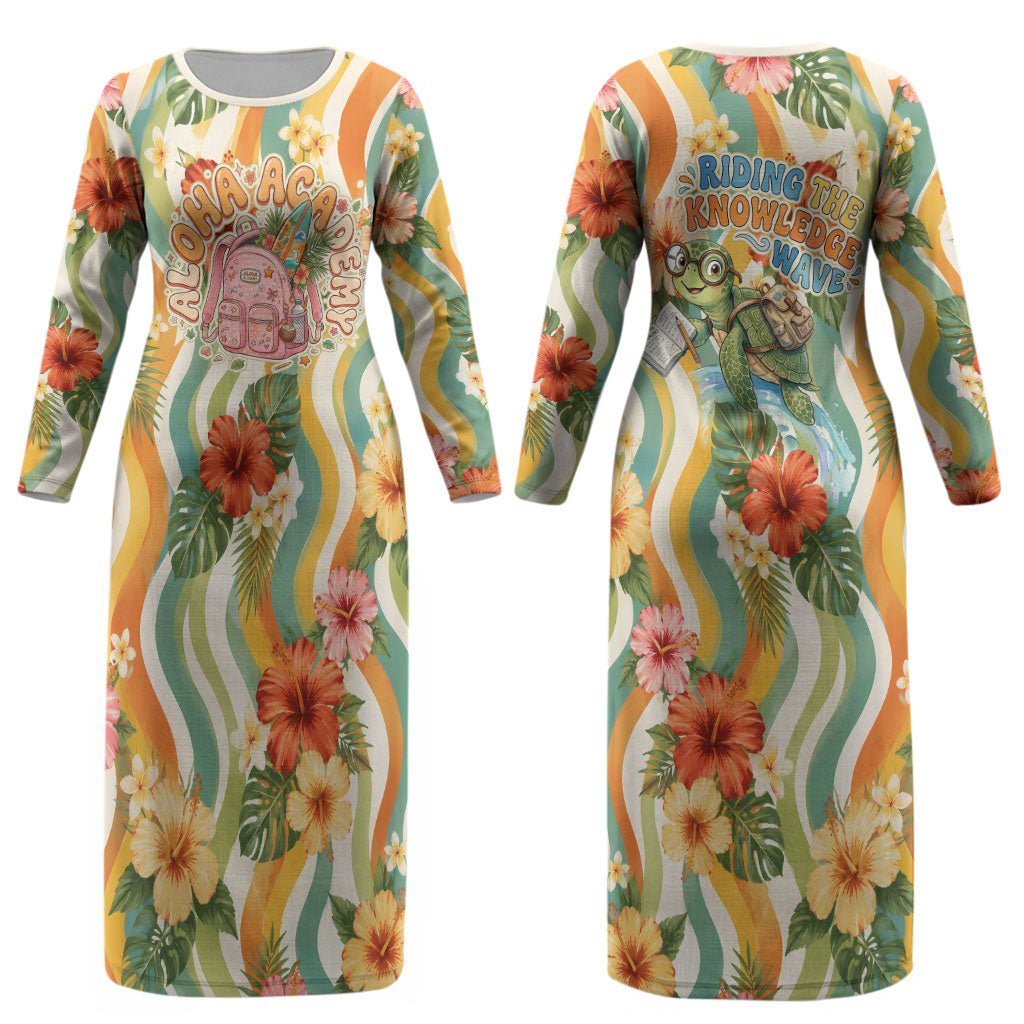 Hawaii Aloha Academy Back To School Couples Matching Long Sleeve Bodycon Dress and Hawaiian Shirt Sea Turtle Tropical Hibiscus Flowers Retro Psychedelic