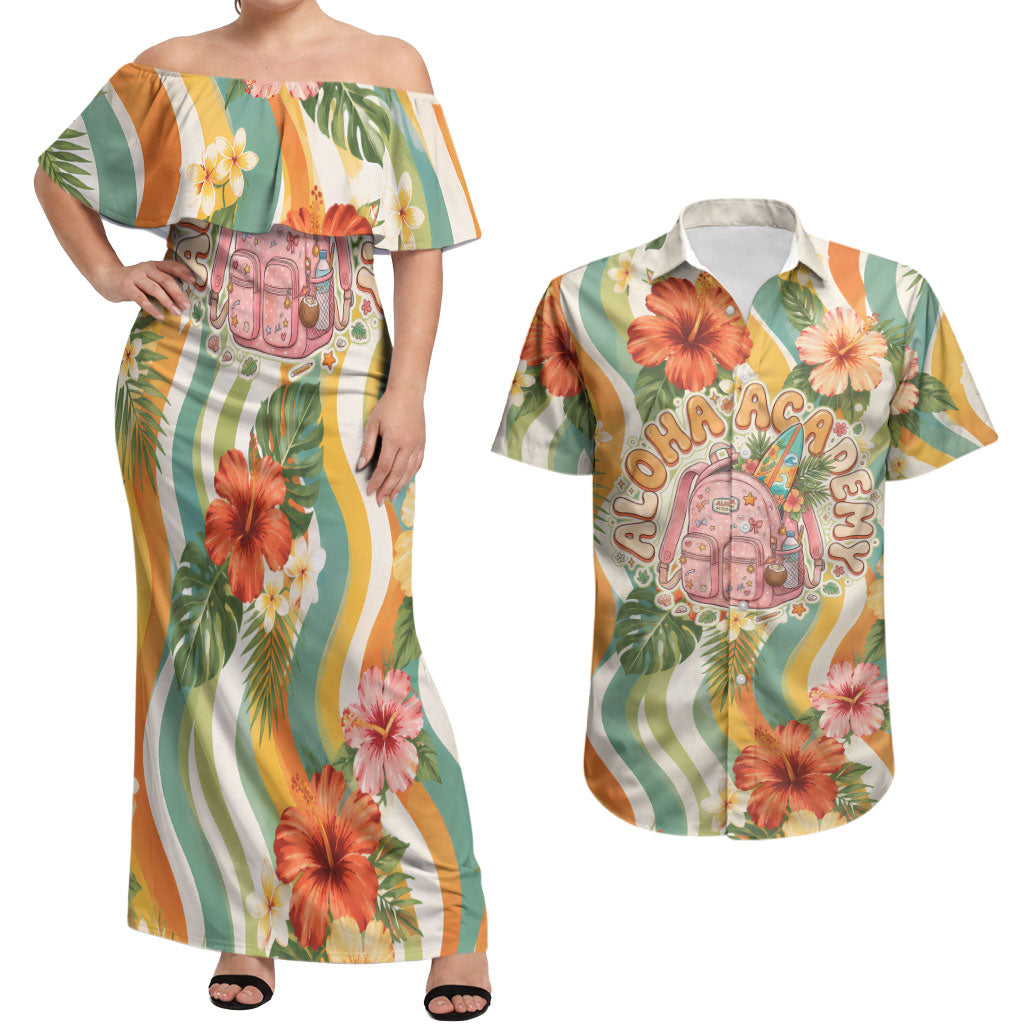 Hawaii Aloha Academy Back To School Couples Matching Off Shoulder Maxi Dress and Hawaiian Shirt Sea Turtle Tropical Hibiscus Flowers Retro Psychedelic
