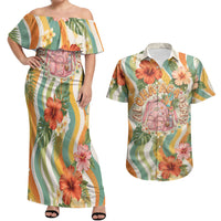 Hawaii Aloha Academy Back To School Couples Matching Off Shoulder Maxi Dress and Hawaiian Shirt Sea Turtle Tropical Hibiscus Flowers Retro Psychedelic